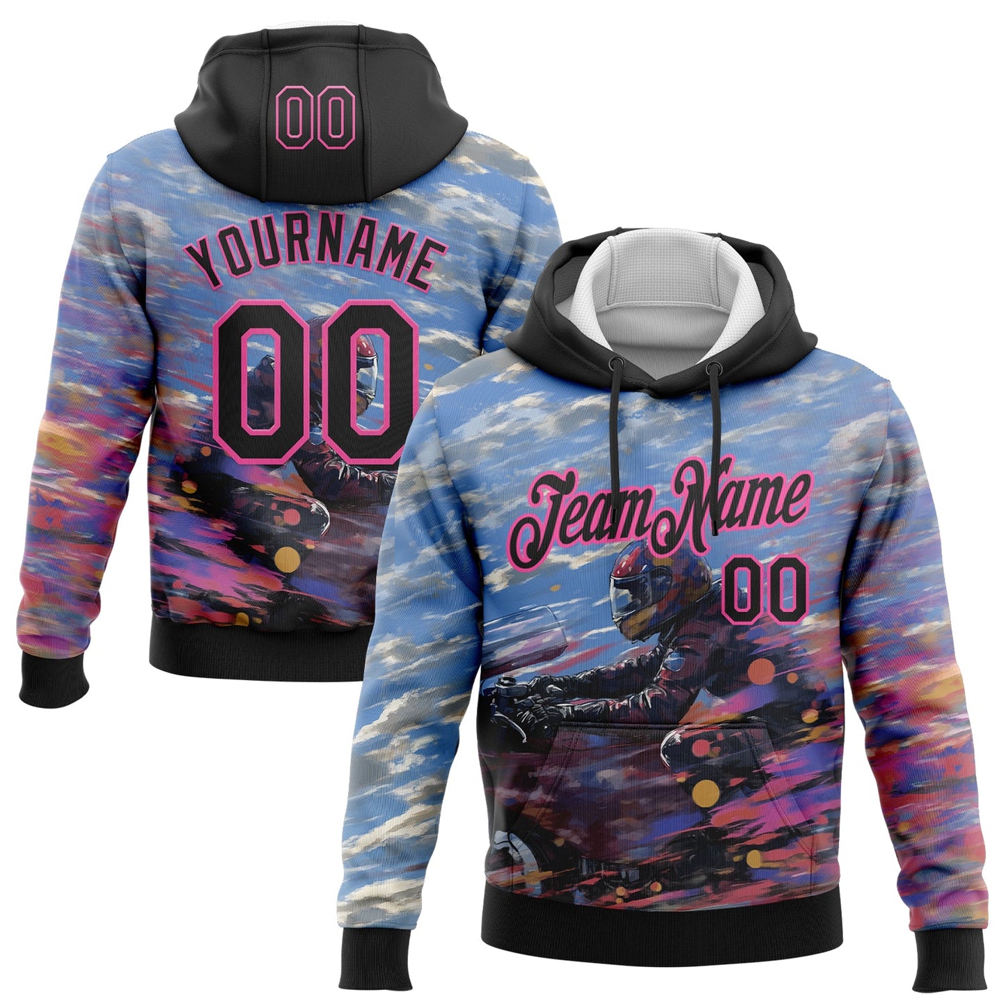 Custom Stitched Blue Black-Pink 3D Pattern Design Motorcycle Motocross Racing Sports Pullover Sweatshirt Hoodie - Main View