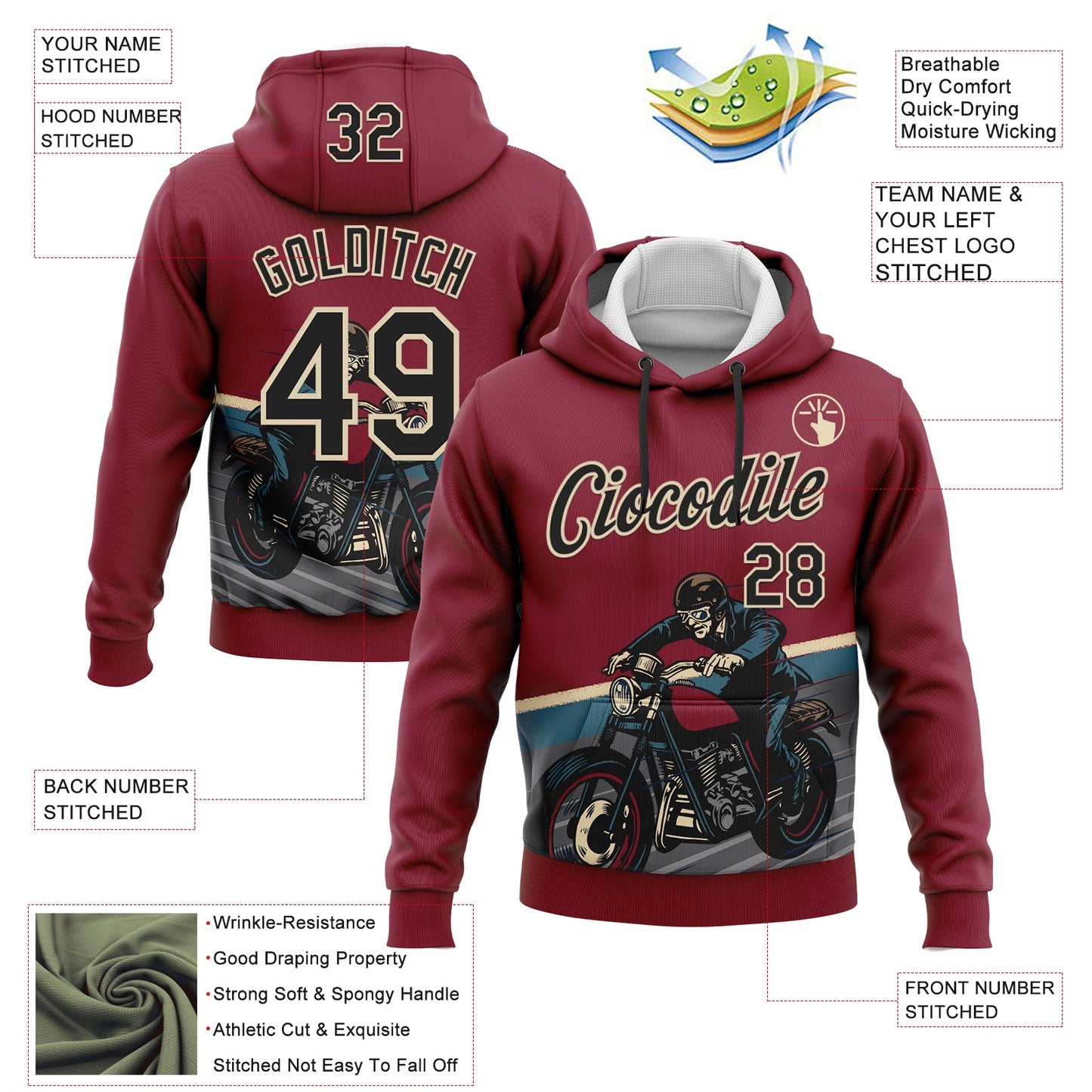 Custom Stitched Crimson Black-Cream 3D Pattern Design Motorcycle Motocross Racing Sports Pullover Sweatshirt Hoodie view 2