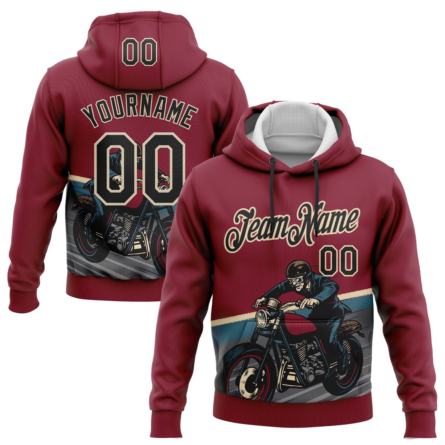 Custom Stitched Crimson Black-Cream 3D Pattern Design Motorcycle Motocross Racing Sports Pullover Sweatshirt Hoodie - Main View