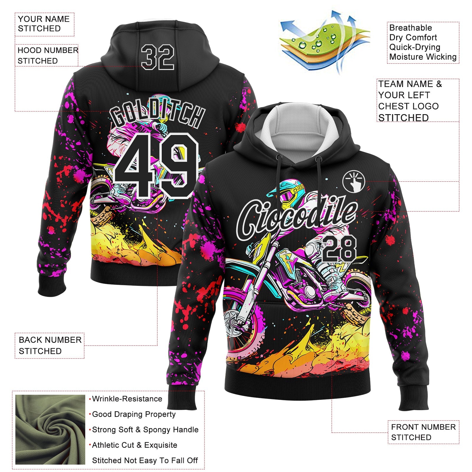 Custom Stitched Black White 3D Pattern Design Motorcycle Motocross Racing Sports Pullover Sweatshirt Hoodie view 2