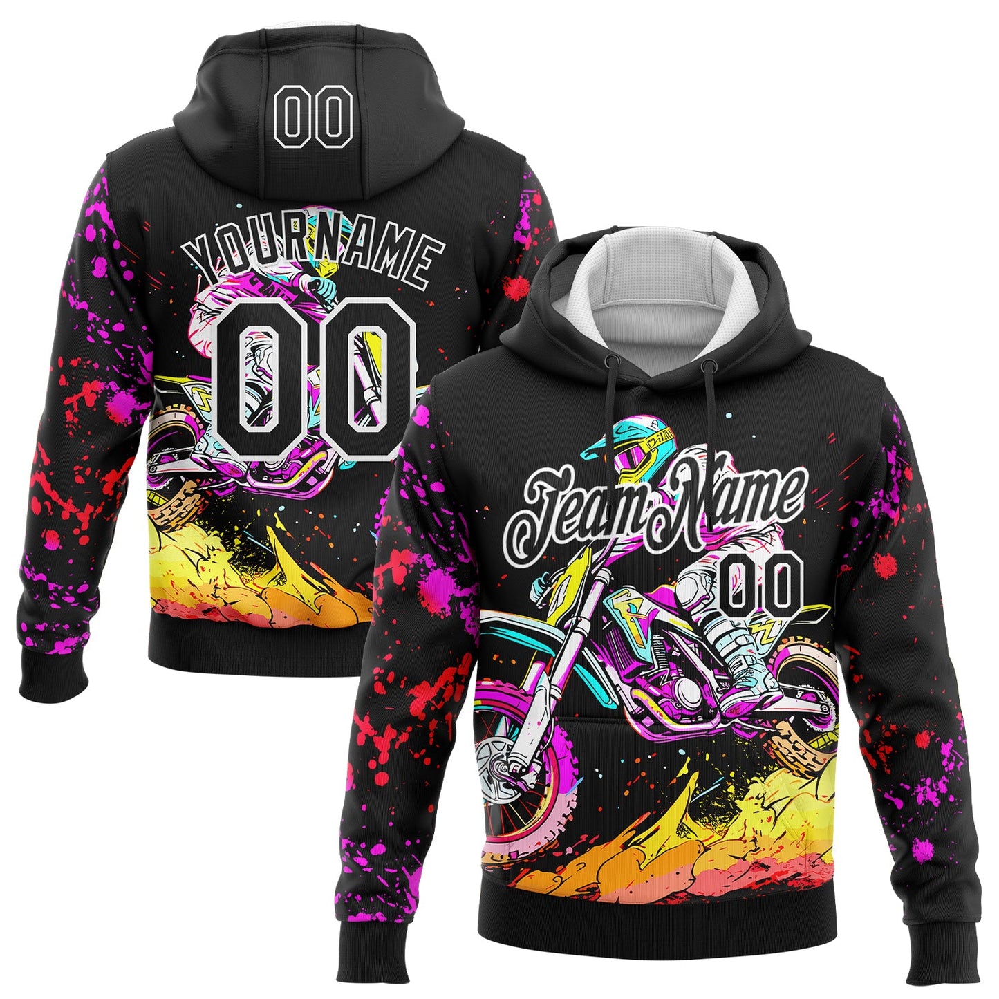 Custom Stitched Black White 3D Pattern Design Motorcycle Motocross Racing Sports Pullover Sweatshirt Hoodie - Main View