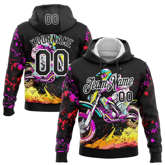 Custom Stitched Black White 3D Pattern Design Motorcycle Motocross Racing Sports Pullover Sweatshirt Hoodie - Main View