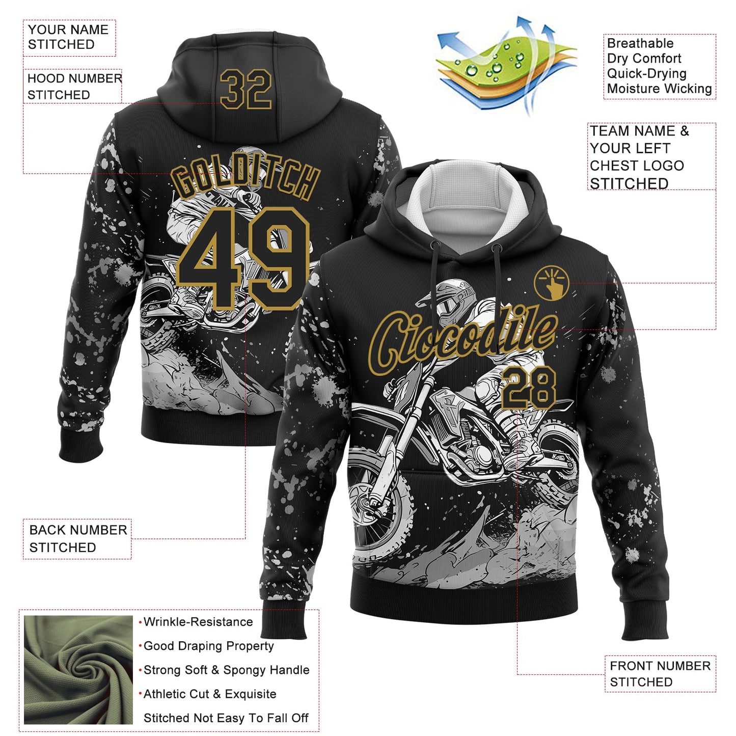 Custom Stitched Black Old Gold 3D Pattern Design Motorcycle Motocross Racing Sports Pullover Sweatshirt Hoodie view 2
