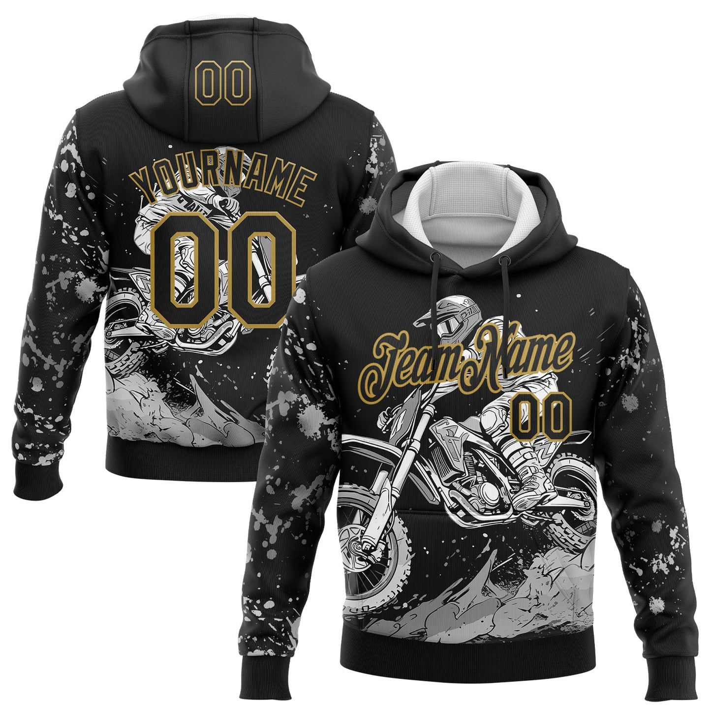 Custom Stitched Black Old Gold 3D Pattern Design Motorcycle Motocross Racing Sports Pullover Sweatshirt Hoodie - Main View