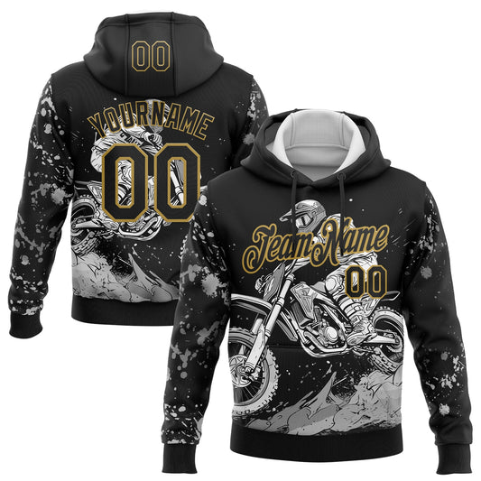 Custom Stitched Black Old Gold 3D Pattern Design Motorcycle Motocross Racing Sports Pullover Sweatshirt Hoodie - Main View