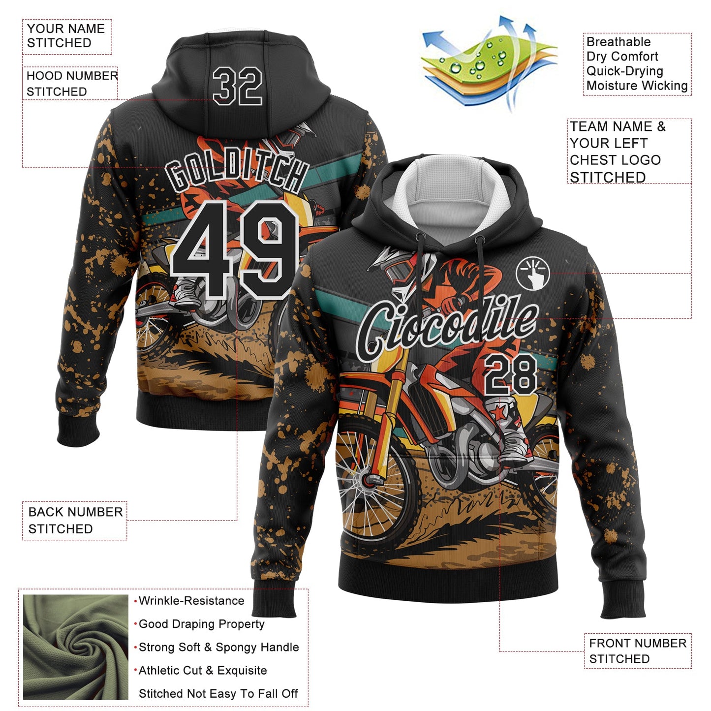 Custom Stitched Black White 3D Pattern Design Motorcycle Motocross Racing Sports Pullover Sweatshirt Hoodie view 2