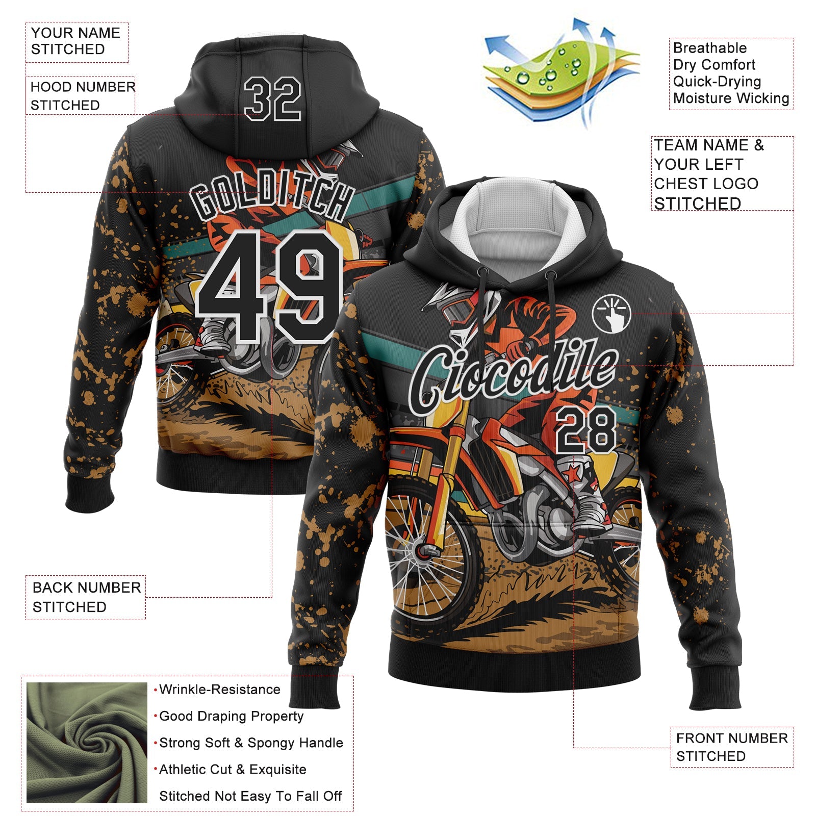 Custom Stitched Black White 3D Pattern Design Motorcycle Motocross Racing Sports Pullover Sweatshirt Hoodie view 2