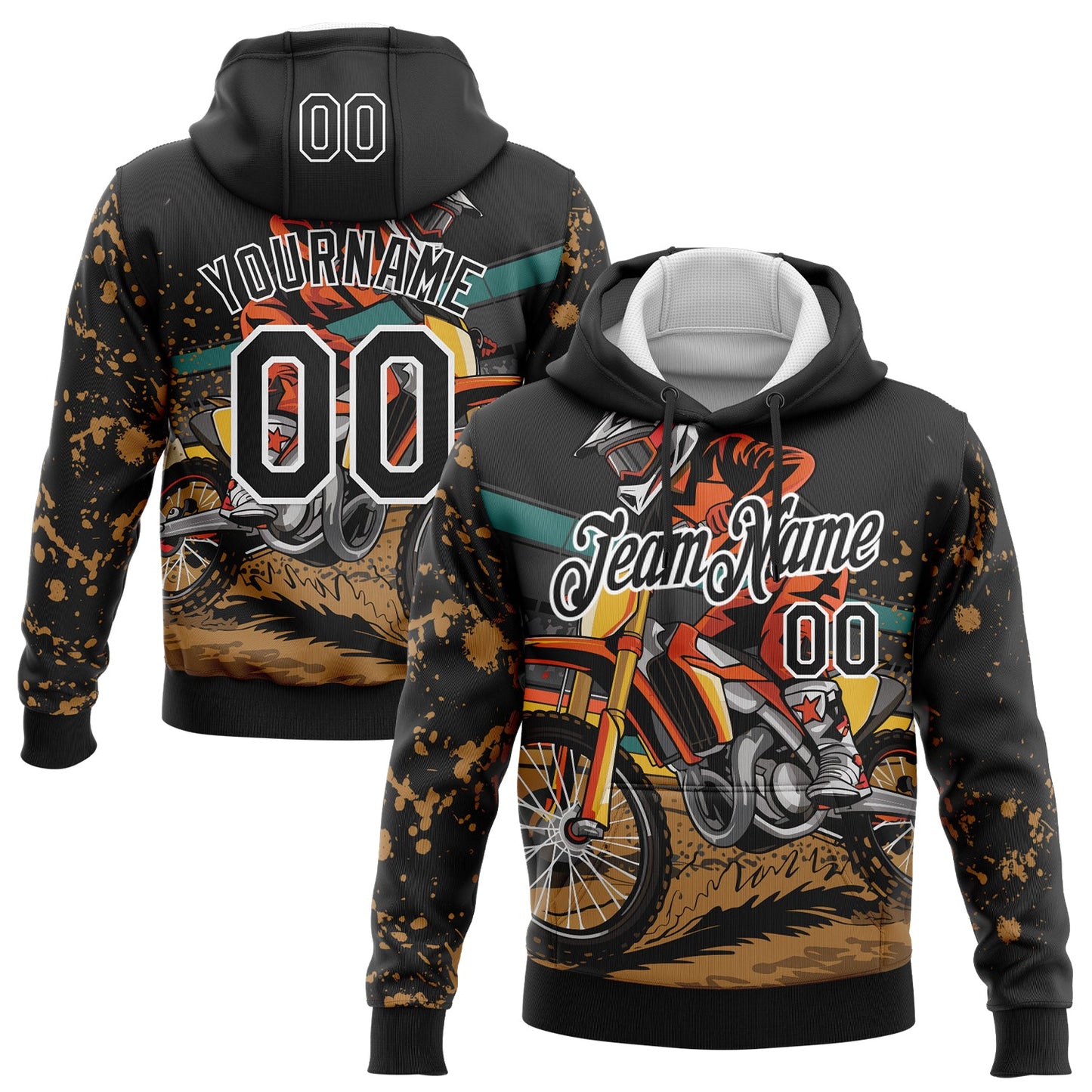 Custom Stitched Black White 3D Pattern Design Motorcycle Motocross Racing Sports Pullover Sweatshirt Hoodie - Main View