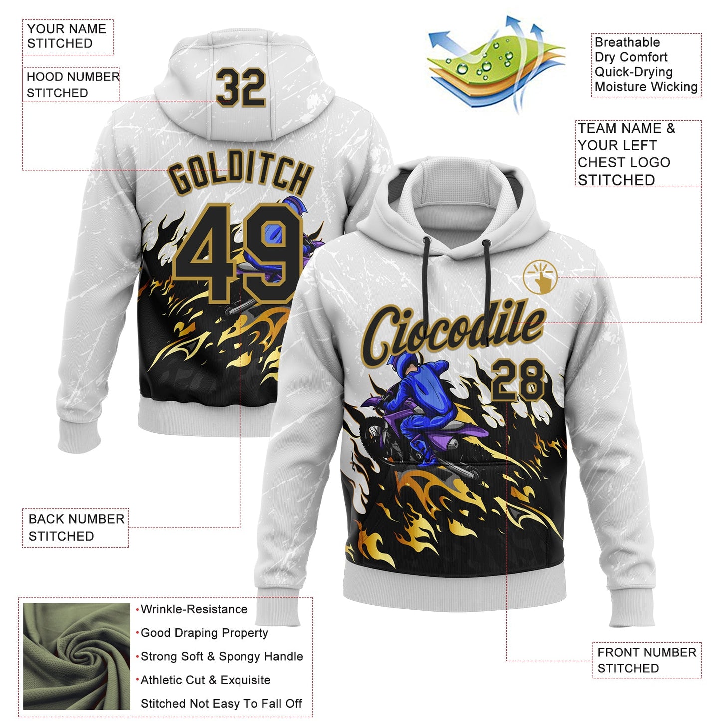 Custom Stitched White Old Gold-Black 3D Pattern Design Flame Motorcycle Motocross Racing Sports Pullover Sweatshirt Hoodie view 2
