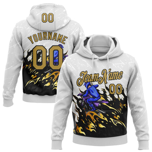 Custom Stitched White Old Gold-Black 3D Pattern Design Flame Motorcycle Motocross Racing Sports Pullover Sweatshirt Hoodie - Main View
