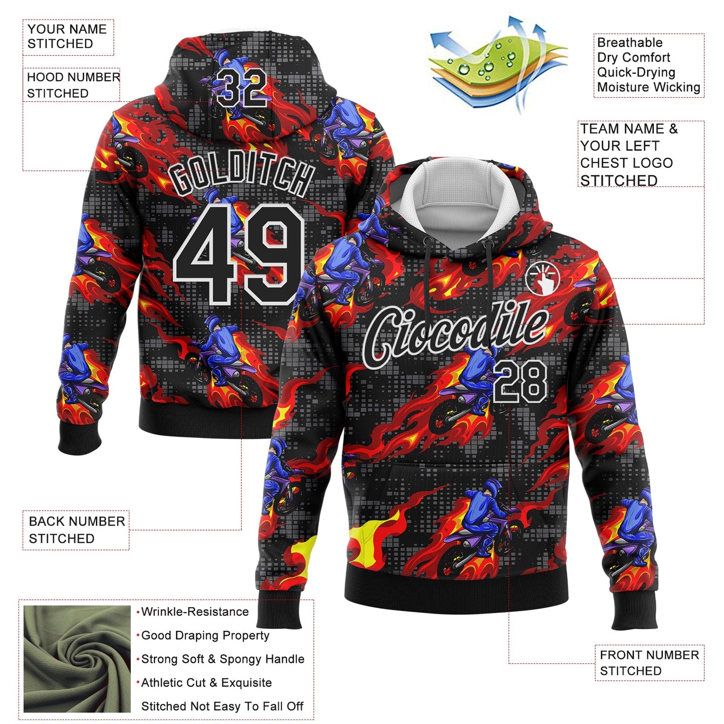 Custom Stitched Black White 3D Pattern Design Flame Motorcycle Motocross Racing Sports Pullover Sweatshirt Hoodie view 2