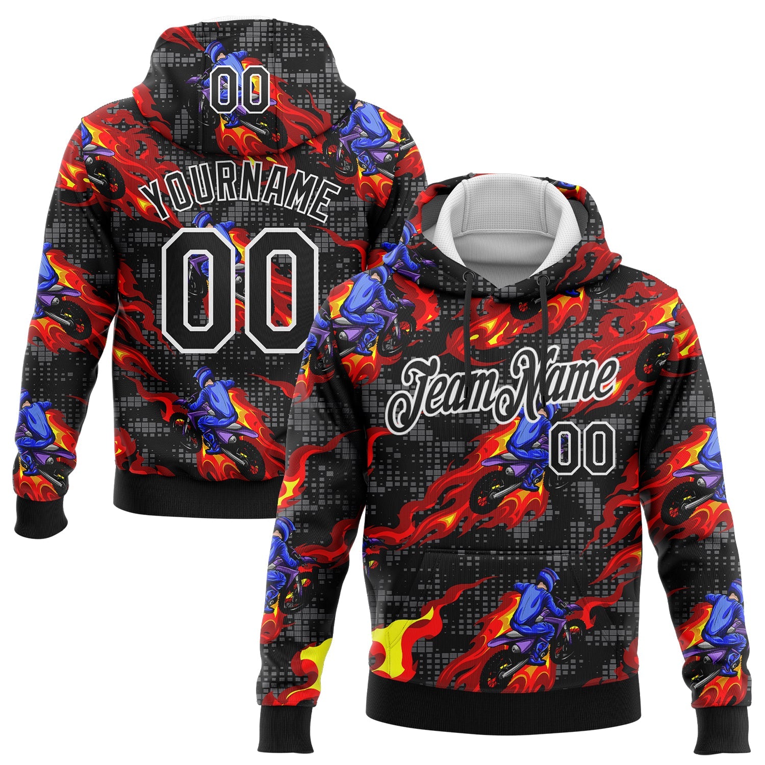 Custom Stitched Black White 3D Pattern Design Flame Motorcycle Motocross Racing Sports Pullover Sweatshirt Hoodie - Main View
