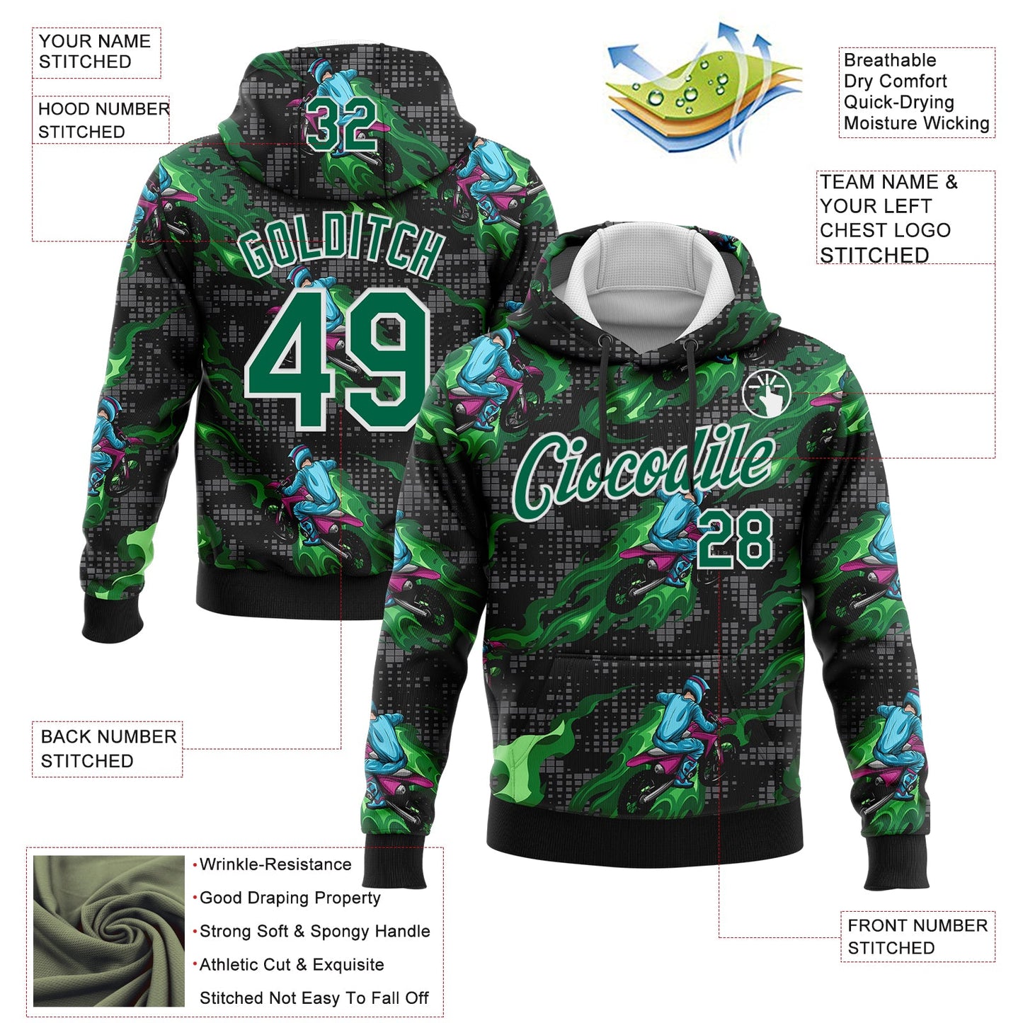 Custom Stitched Black Kelly Green-White 3D Pattern Design Flame Motorcycle Motocross Racing Sports Pullover Sweatshirt Hoodie view 2