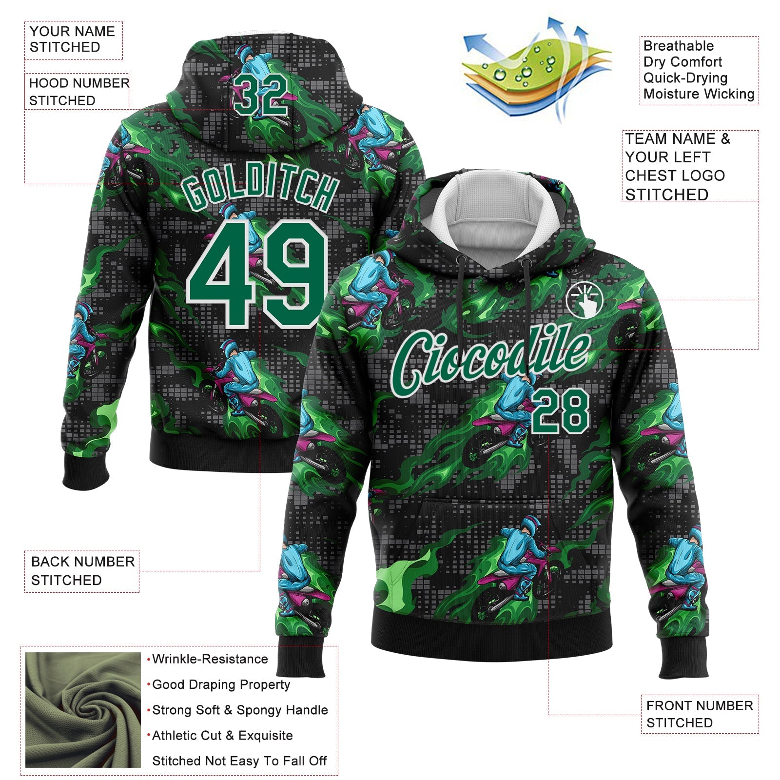 Custom Stitched Black Kelly Green-White 3D Pattern Design Flame Motorcycle Motocross Racing Sports Pullover Sweatshirt Hoodie view 2