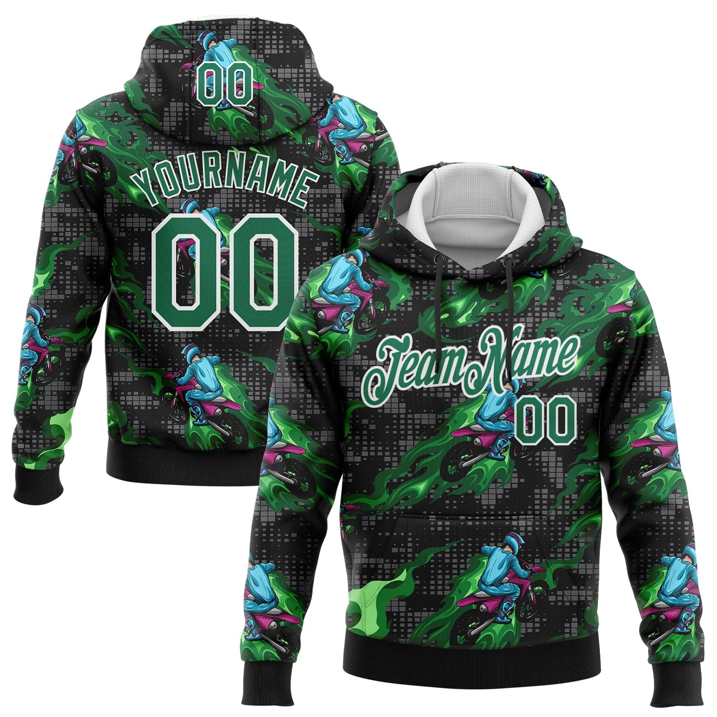 Custom Stitched Black Kelly Green-White 3D Pattern Design Flame Motorcycle Motocross Racing Sports Pullover Sweatshirt Hoodie - Main View