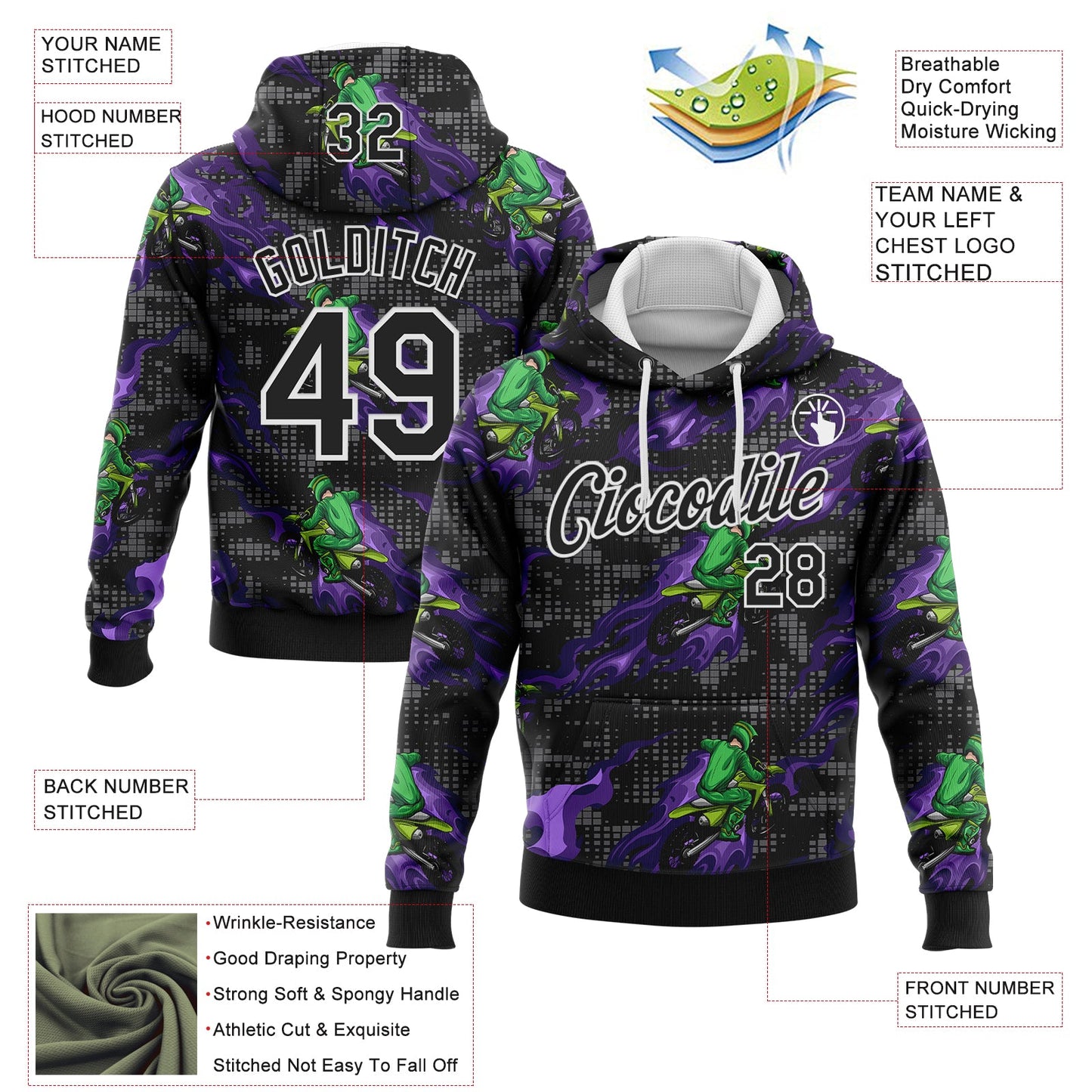 Custom Stitched Black White 3D Pattern Design Flame Motorcycle Motocross Racing Sports Pullover Sweatshirt Hoodie view 2