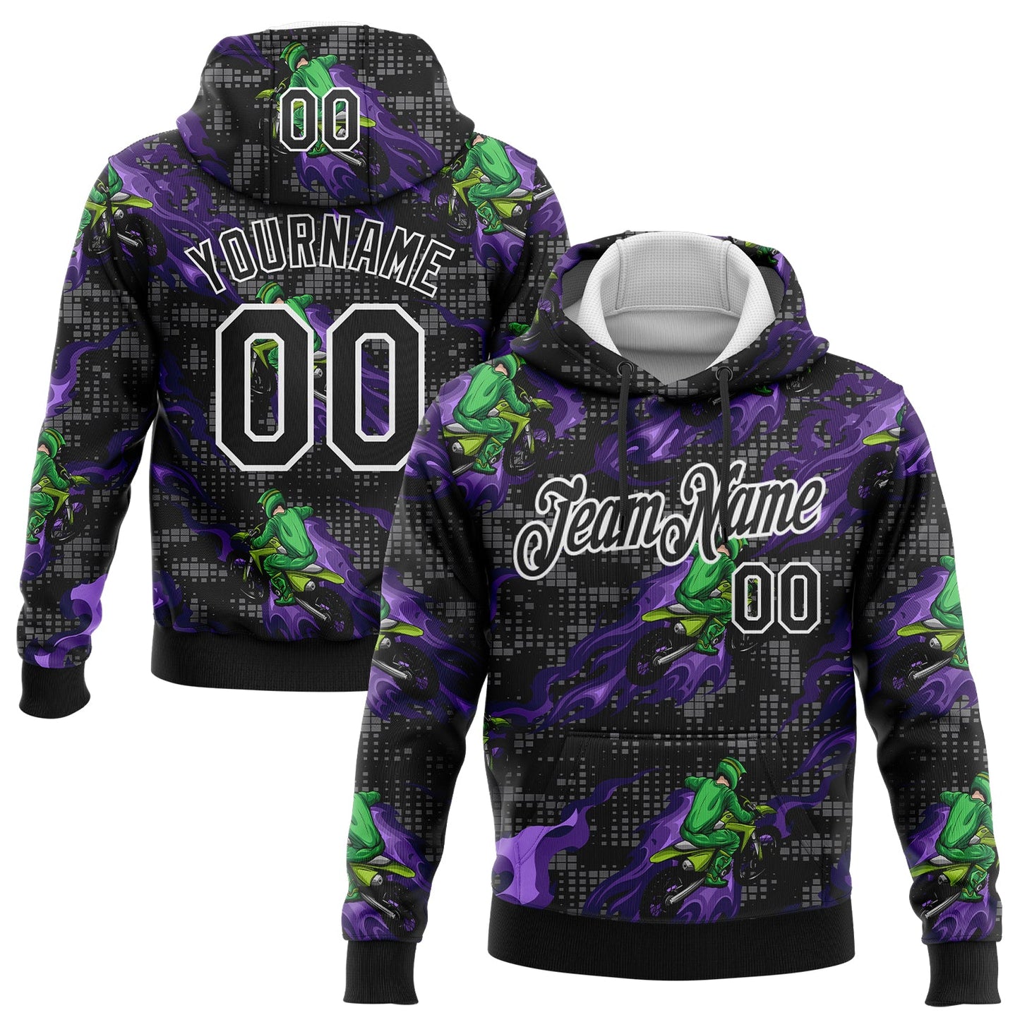 Custom Stitched Black White 3D Pattern Design Flame Motorcycle Motocross Racing Sports Pullover Sweatshirt Hoodie - Main View