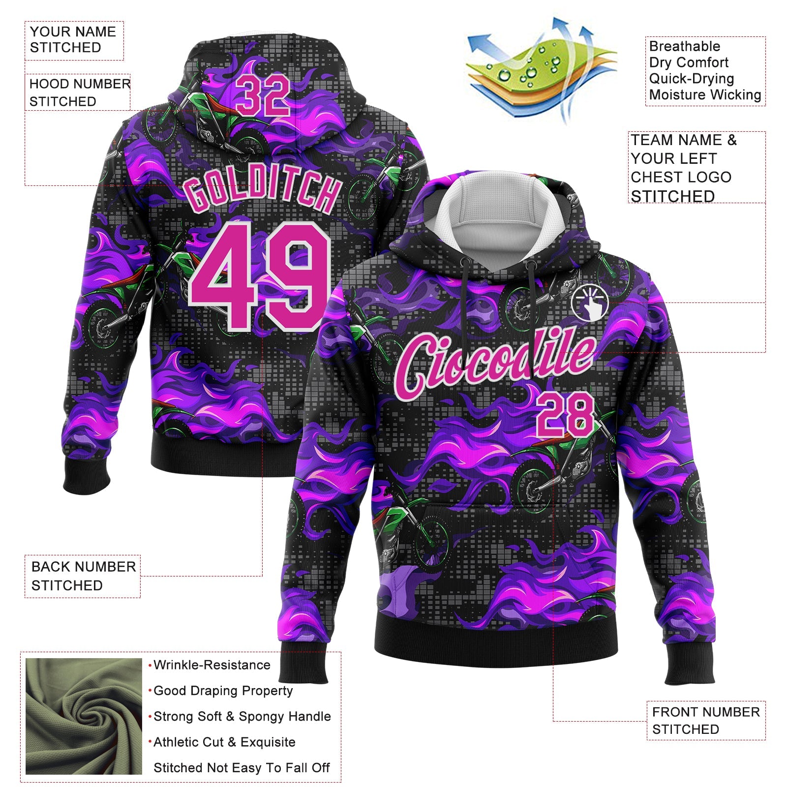 Custom Stitched Black Deep Pink-White 3D Pattern Design Flame Motorcycle Motocross Racing Sports Pullover Sweatshirt Hoodie view 2