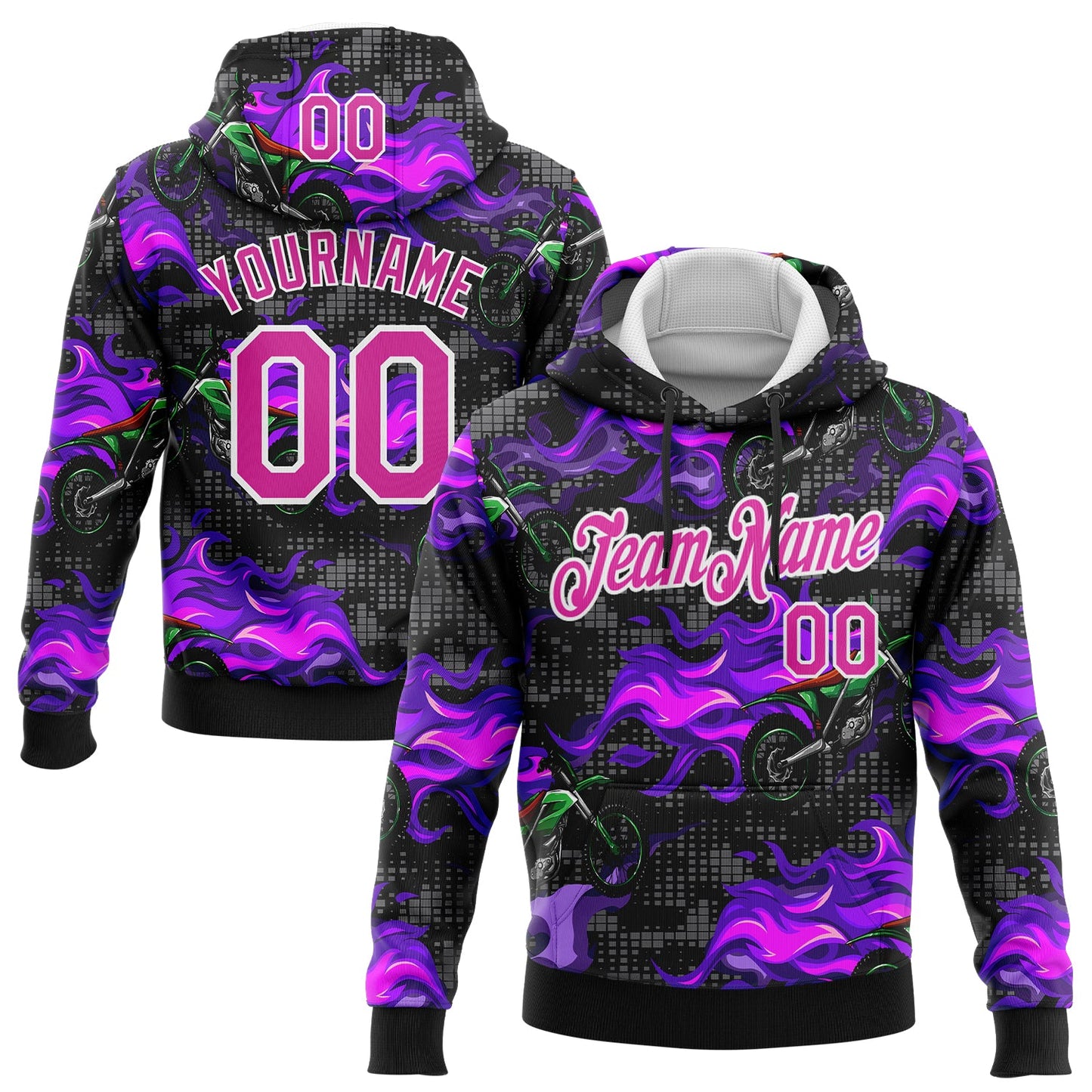 Custom Stitched Black Deep Pink-White 3D Pattern Design Flame Motorcycle Motocross Racing Sports Pullover Sweatshirt Hoodie - Main View