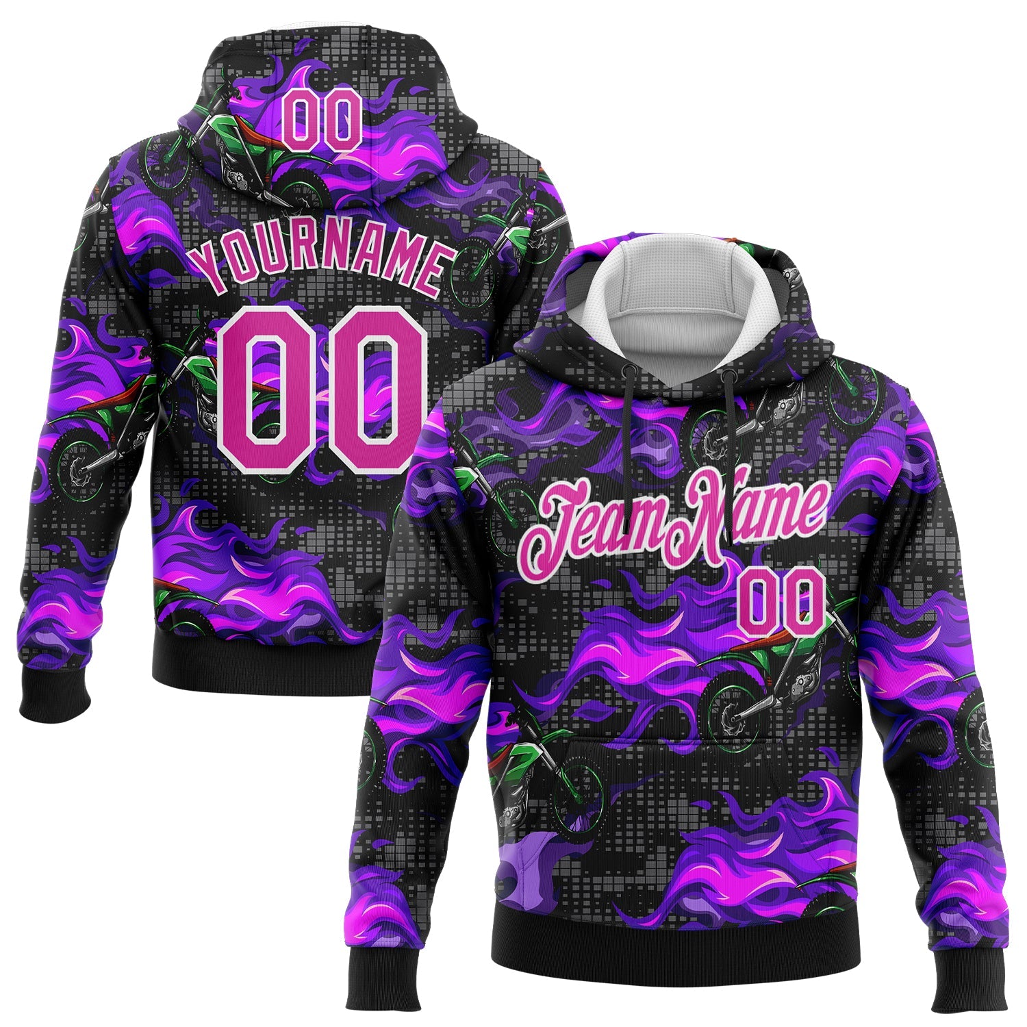 Custom Stitched Black Deep Pink-White 3D Pattern Design Flame Motorcycle Motocross Racing Sports Pullover Sweatshirt Hoodie - Main View