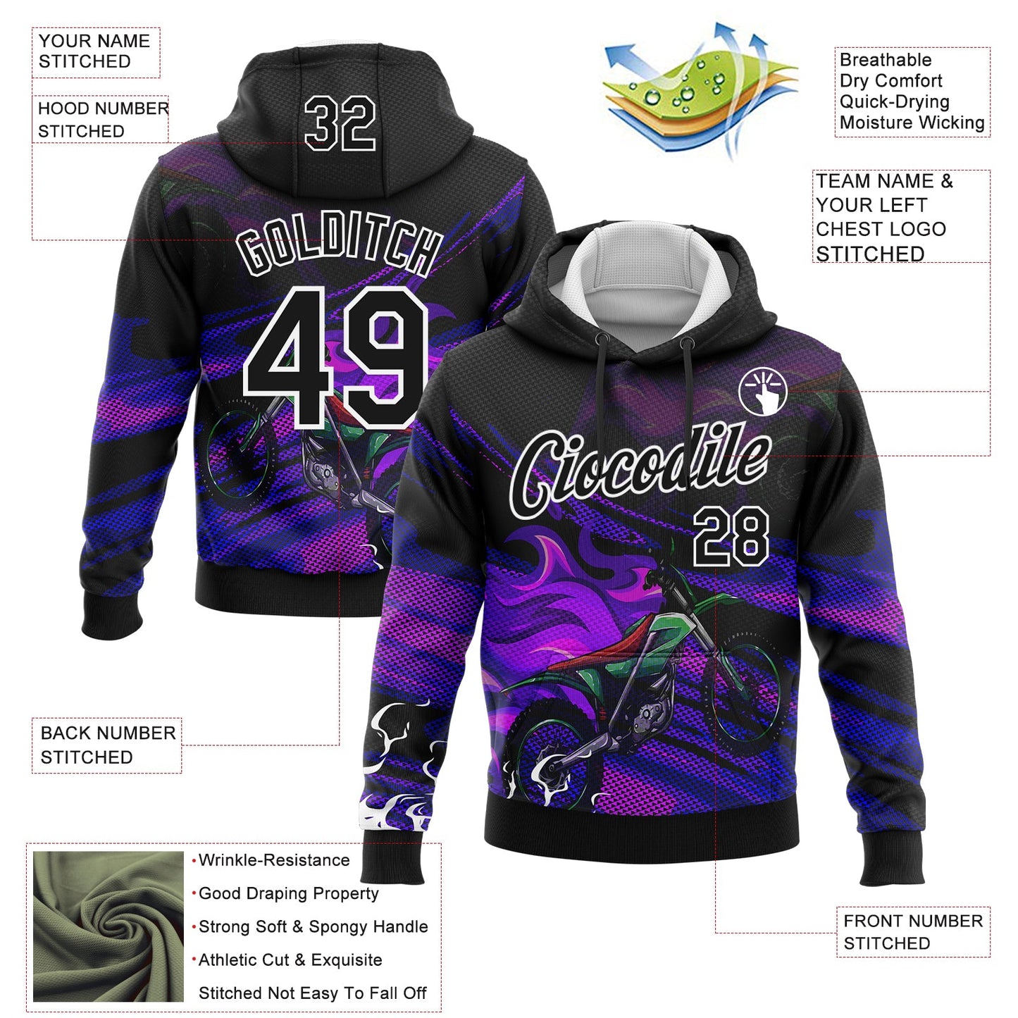 Custom Stitched Black White 3D Pattern Design Flame Motorcycle Motocross Racing Sports Pullover Sweatshirt Hoodie view 2
