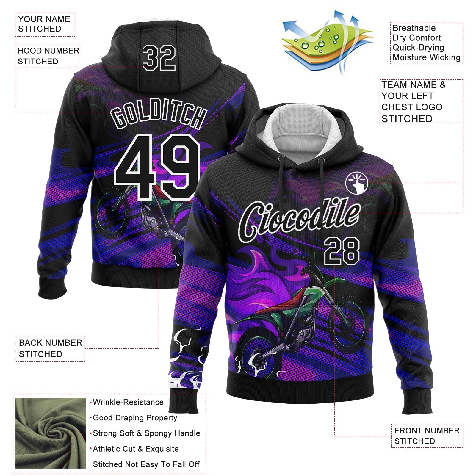 Custom Stitched Black White 3D Pattern Design Flame Motorcycle Motocross Racing Sports Pullover Sweatshirt Hoodie view 2