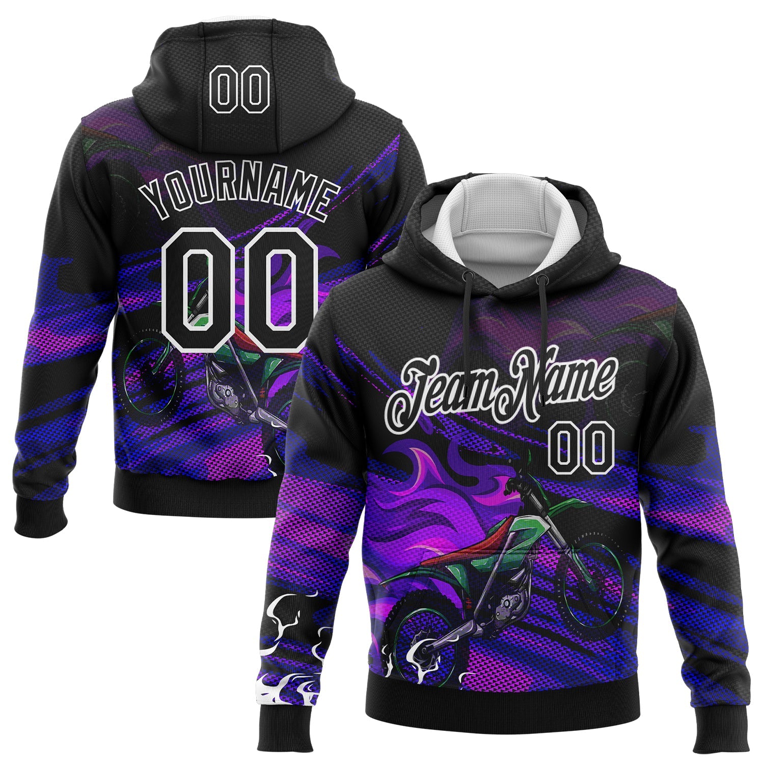 Custom Stitched Black White 3D Pattern Design Flame Motorcycle Motocross Racing Sports Pullover Sweatshirt Hoodie - Main View