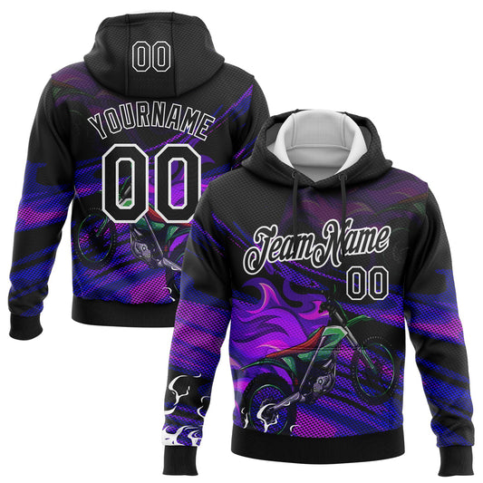 Custom Stitched Black White 3D Pattern Design Flame Motorcycle Motocross Racing Sports Pullover Sweatshirt Hoodie - Main View