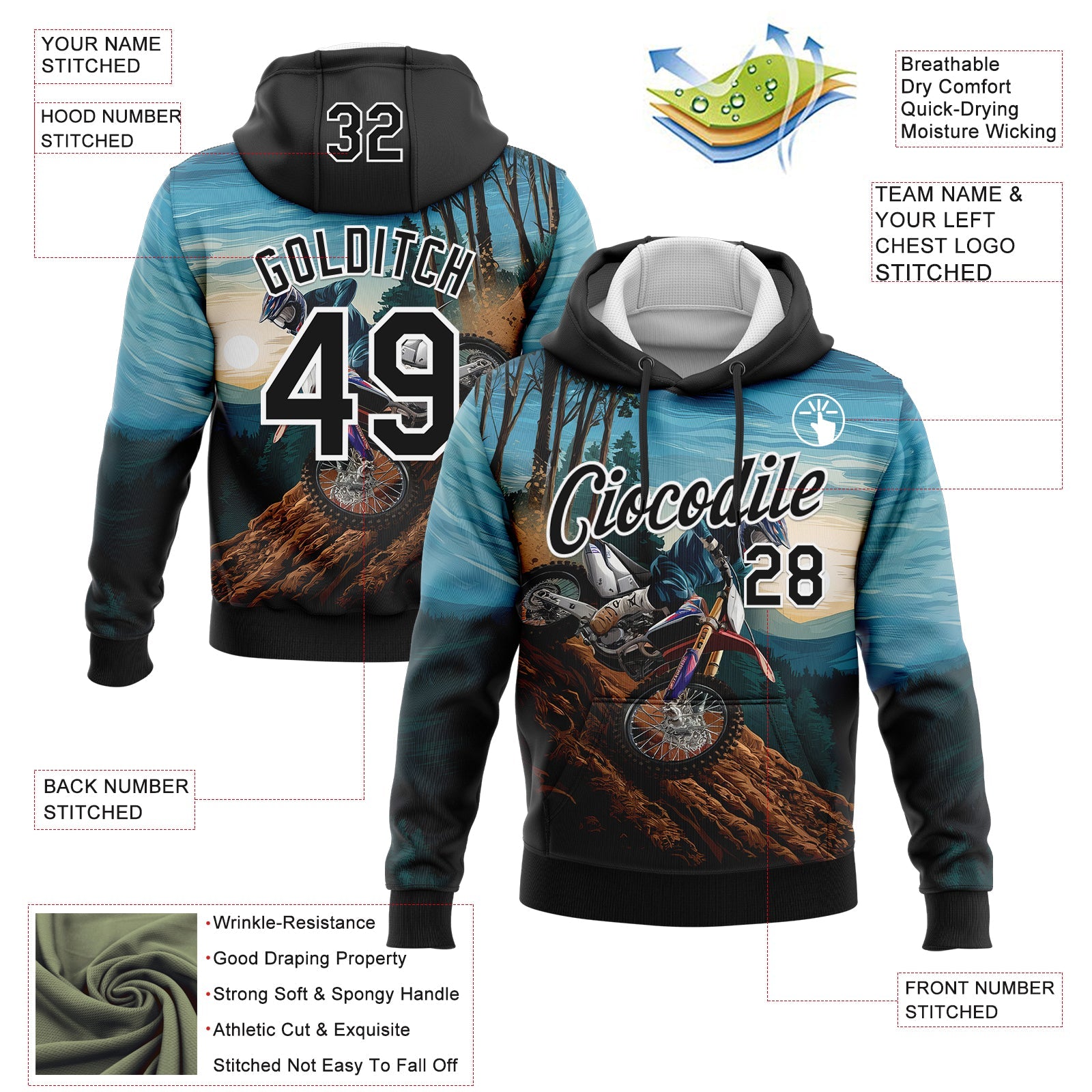Custom Stitched Blue Black-White 3D Pattern Design Motorcycle Motocross Racing Sports Pullover Sweatshirt Hoodie view 2