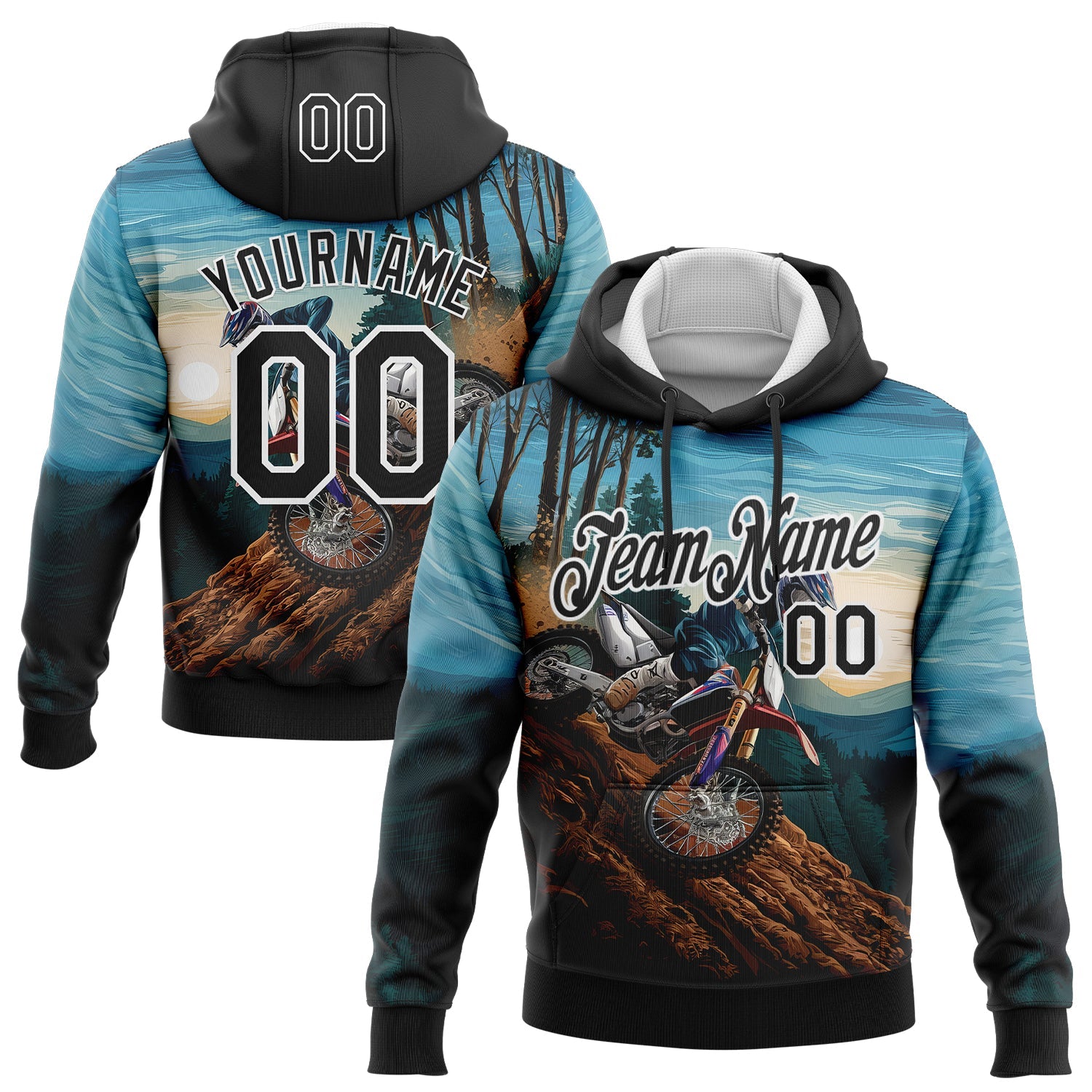Custom Stitched Blue Black-White 3D Pattern Design Motorcycle Motocross Racing Sports Pullover Sweatshirt Hoodie - Main View