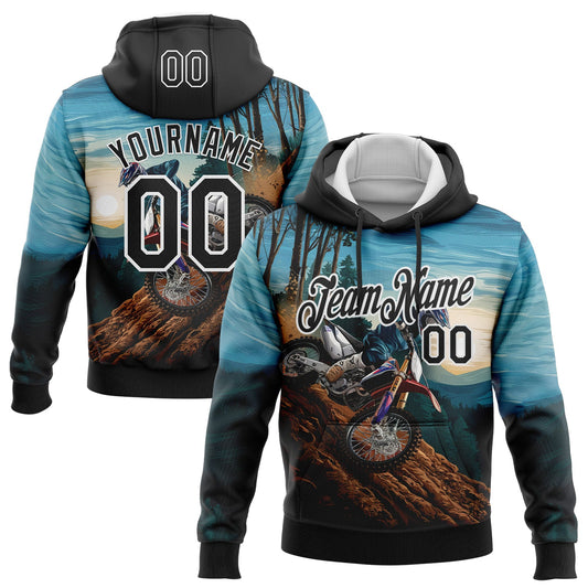 Custom Stitched Blue Black-White 3D Pattern Design Motorcycle Motocross Racing Sports Pullover Sweatshirt Hoodie - Main View