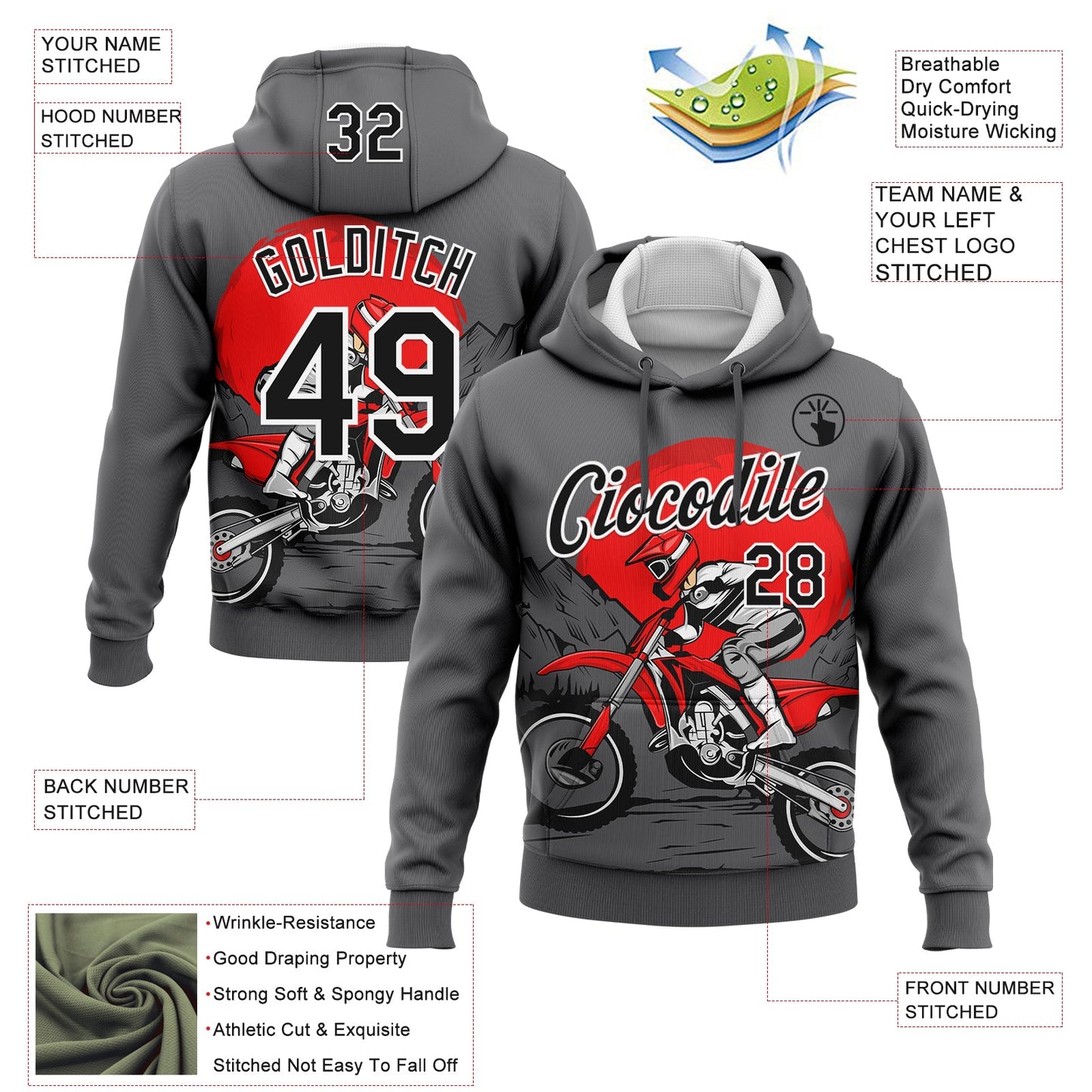 Custom Stitched Gray Black-White 3D Pattern Design Motorcycle Motocross Racing Sports Pullover Sweatshirt Hoodie view 2
