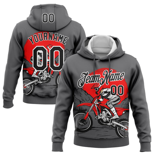 Custom Stitched Gray Black-White 3D Pattern Design Motorcycle Motocross Racing Sports Pullover Sweatshirt Hoodie - Main View