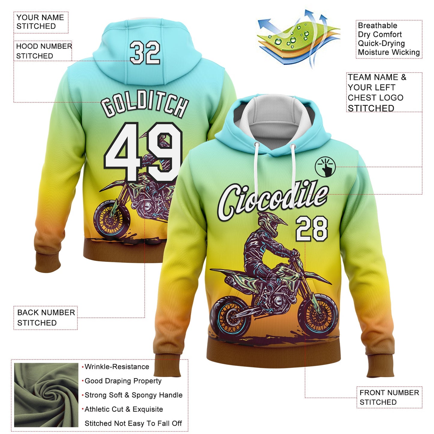 Custom Stitched Green White Yellow Brown-Black 3D Pattern Design Motorcycle Motocross Racing Sports Pullover Sweatshirt Hoodie view 2