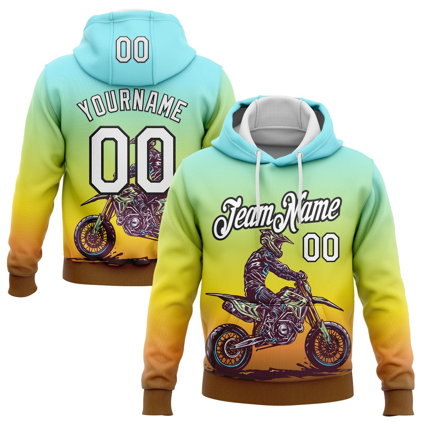 Custom Stitched Green White Yellow Brown-Black 3D Pattern Design Motorcycle Motocross Racing Sports Pullover Sweatshirt Hoodie - Main View