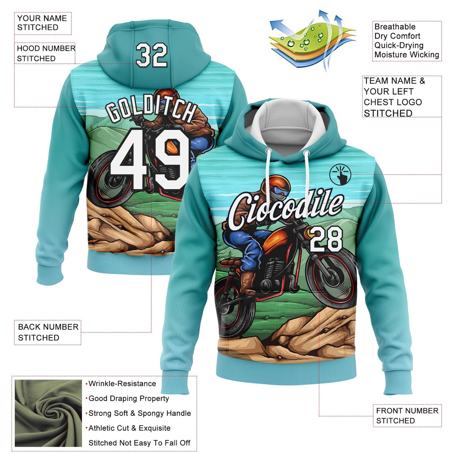 Custom Stitched Green White-Black 3D Pattern Design Motorcycle Motocross Racing Sports Pullover Sweatshirt Hoodie view 2