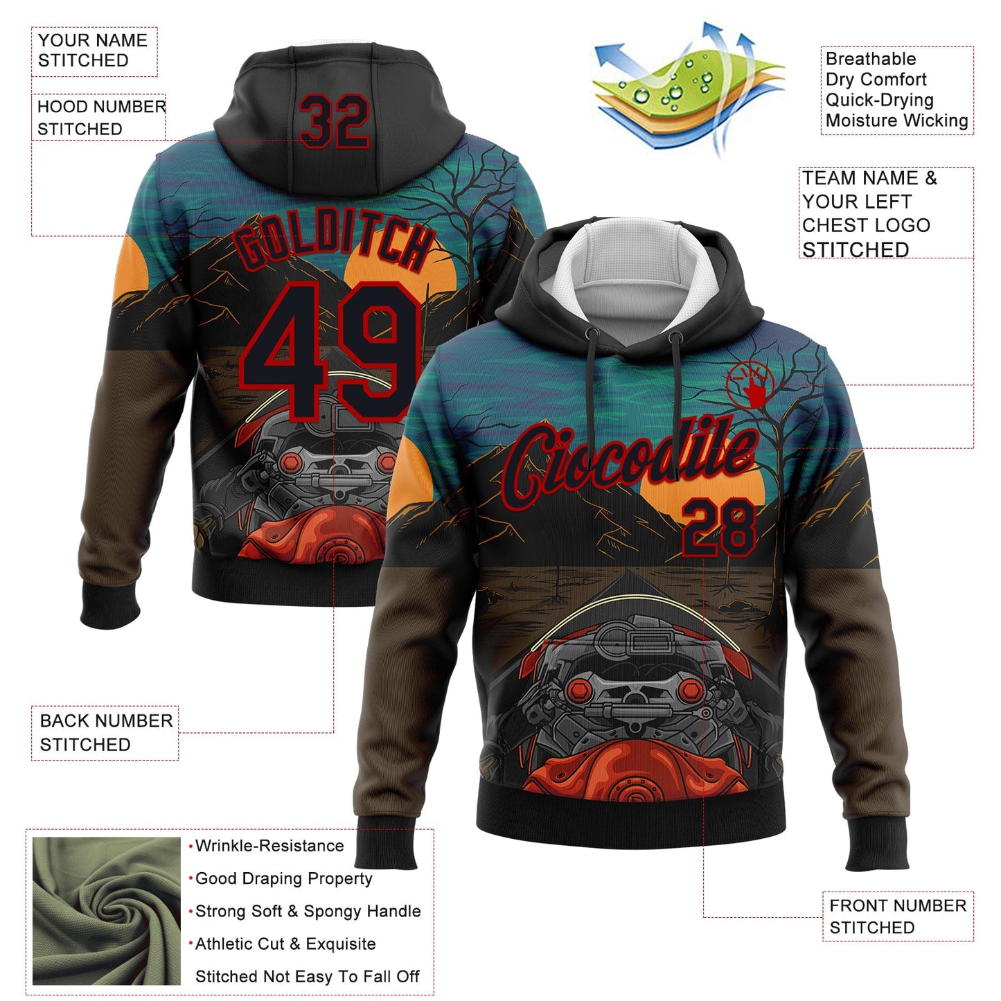 Custom Stitched Green Black Brown-Red 3D Pattern Design Motorcycle Motocross Racing Sports Pullover Sweatshirt Hoodie view 2