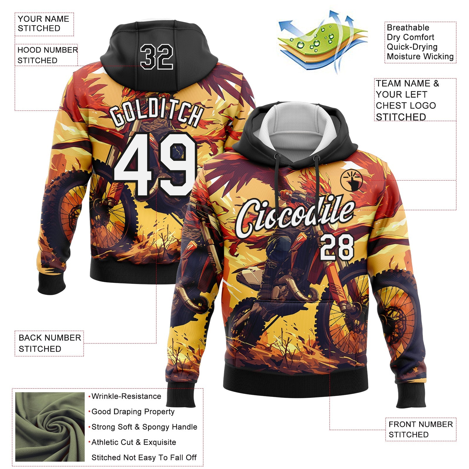 Custom Stitched Yellow White-Black 3D Pattern Design Motorcycle Motocross Racing Sports Pullover Sweatshirt Hoodie view 2