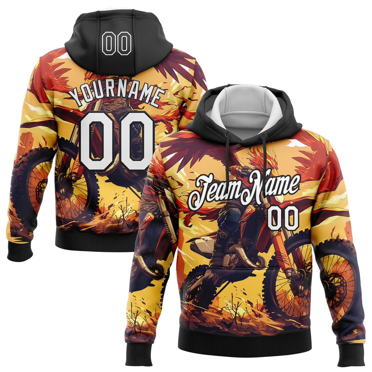 Custom Stitched Yellow White-Black 3D Pattern Design Motorcycle Motocross Racing Sports Pullover Sweatshirt Hoodie - Main View