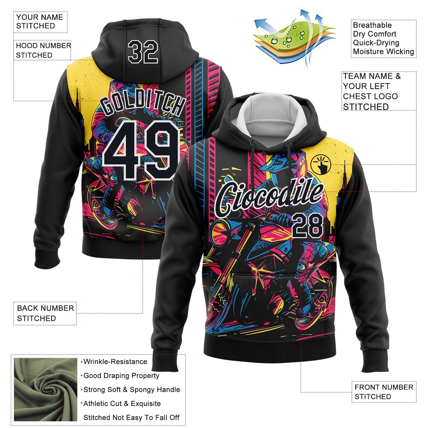 Custom Stitched Black White 3D Pattern Design Motorcycle Motocross Racing Sports Pullover Sweatshirt Hoodie view 2