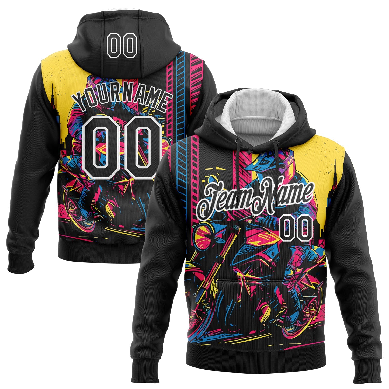 Custom Stitched Black White 3D Pattern Design Motorcycle Motocross Racing Sports Pullover Sweatshirt Hoodie - Main View