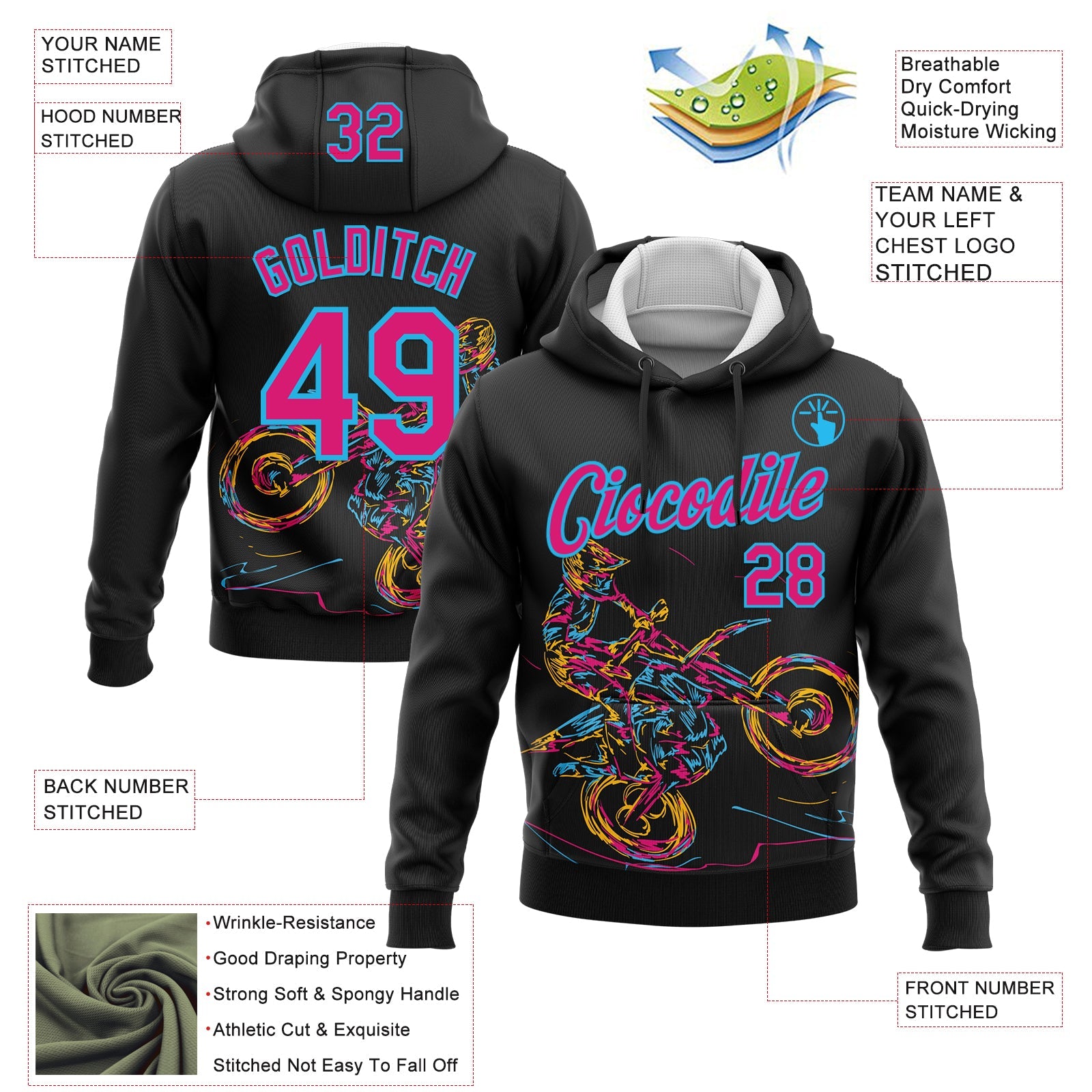 Custom Stitched Black Hot Pink-Sky Blue 3D Pattern Design Motorcycle Motocross Racing Sports Pullover Sweatshirt Hoodie view 2
