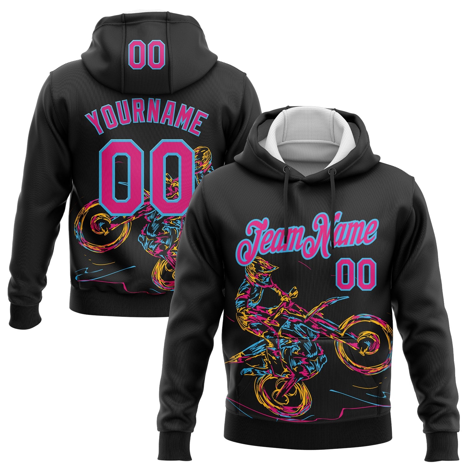 Custom Stitched Black Hot Pink-Sky Blue 3D Pattern Design Motorcycle Motocross Racing Sports Pullover Sweatshirt Hoodie - Main View