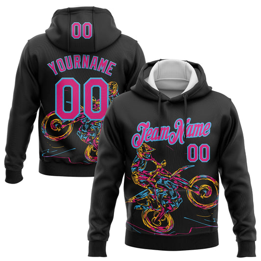 Custom Stitched Black Hot Pink-Sky Blue 3D Pattern Design Motorcycle Motocross Racing Sports Pullover Sweatshirt Hoodie - Main View