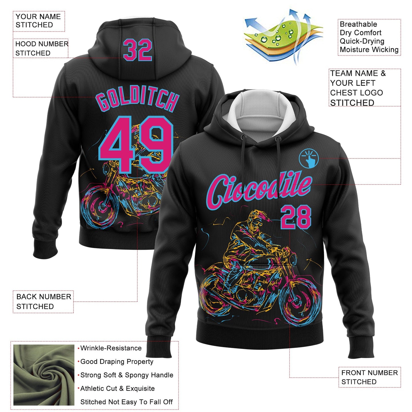 Custom Stitched Black Hot Pink-Sky Blue 3D Pattern Design Motorcycle Motocross Racing Sports Pullover Sweatshirt Hoodie view 2