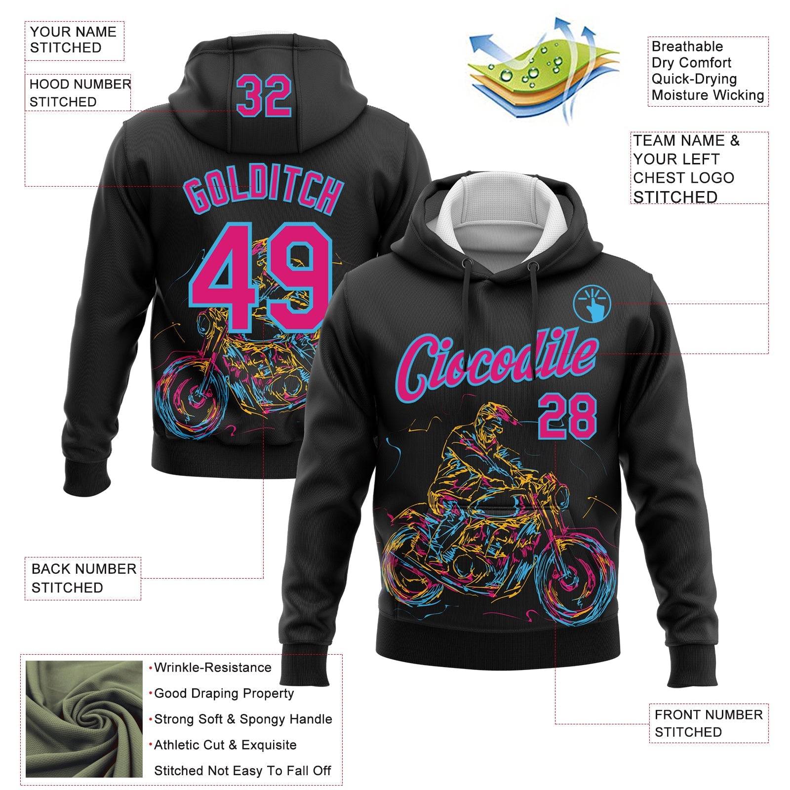 Custom Stitched Black Hot Pink-Sky Blue 3D Pattern Design Motorcycle Motocross Racing Sports Pullover Sweatshirt Hoodie view 2
