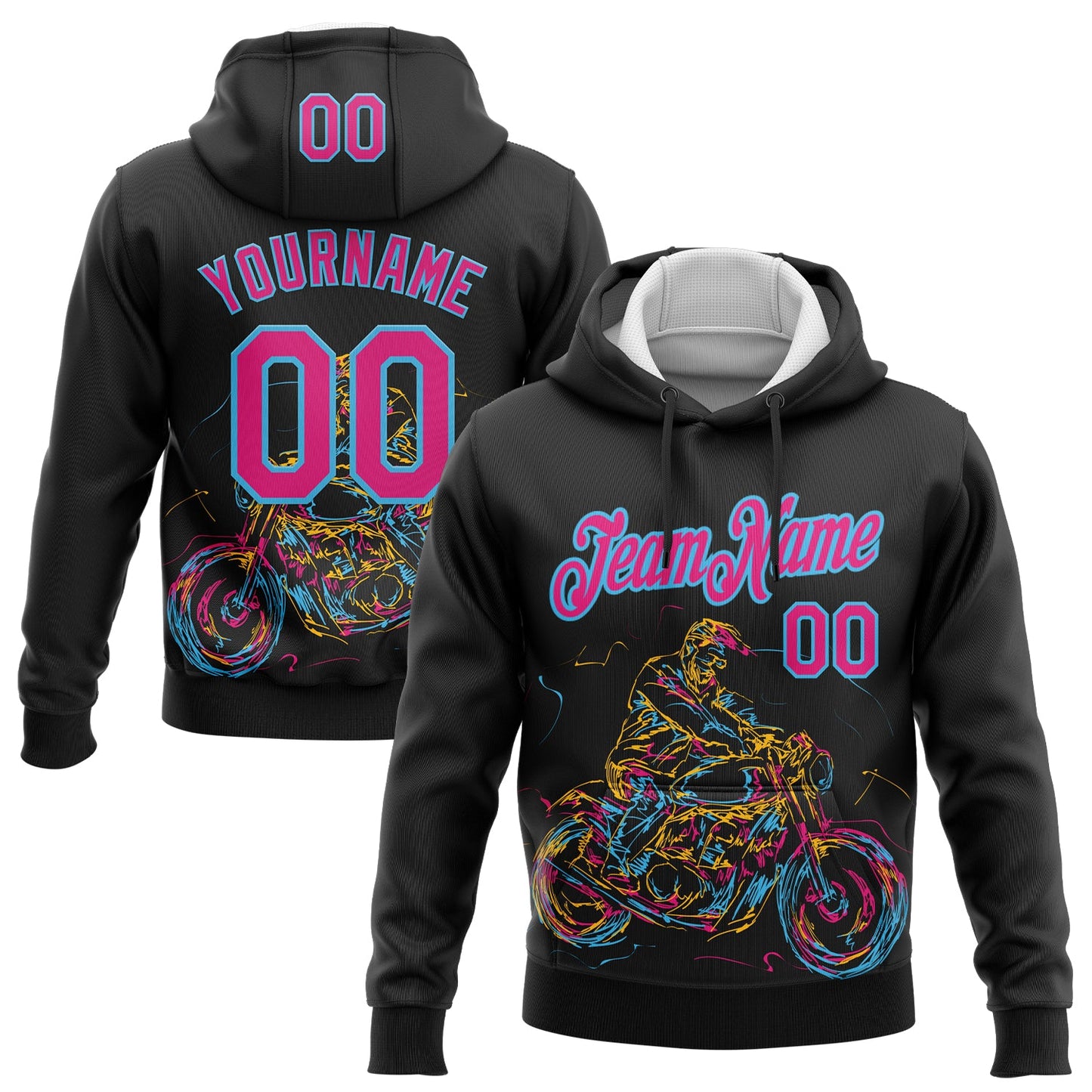 Custom Stitched Black Hot Pink-Sky Blue 3D Pattern Design Motorcycle Motocross Racing Sports Pullover Sweatshirt Hoodie - Main View