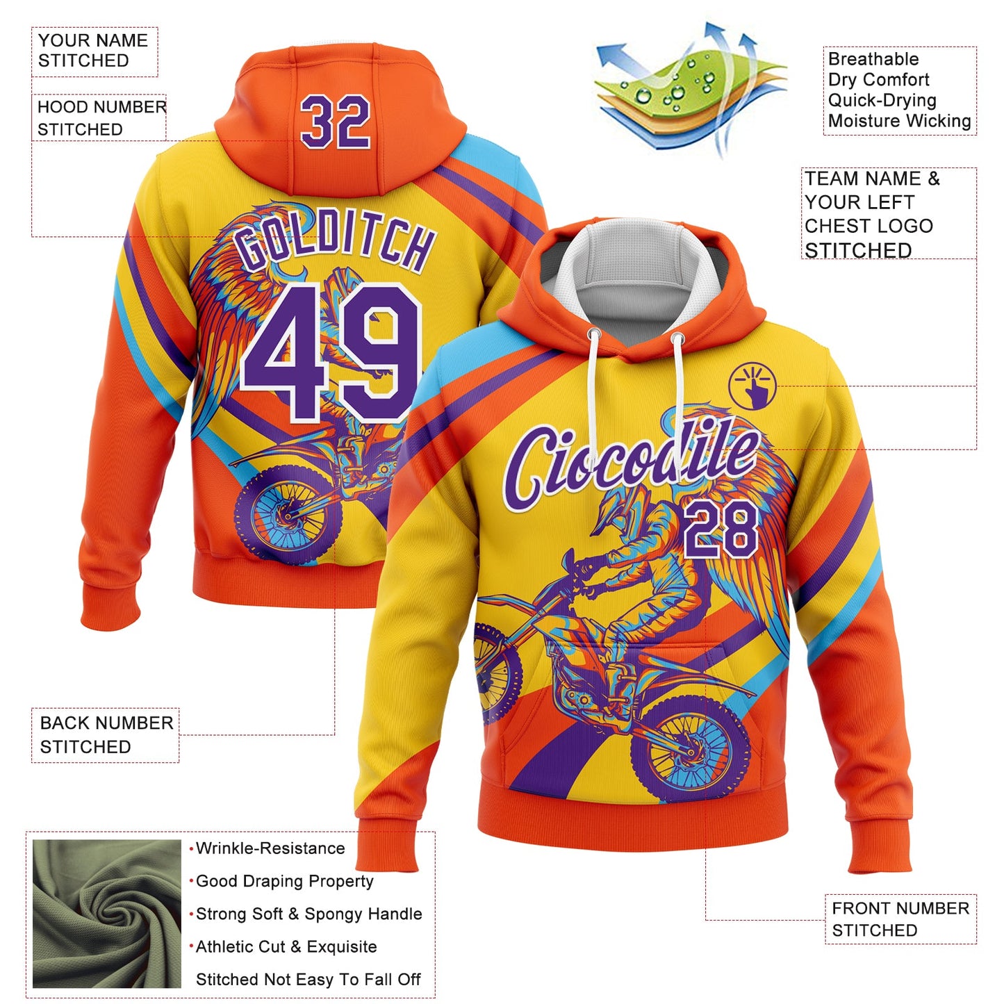 Custom Stitched Yellow Purple Orange-White 3D Pattern Design Motorcycle Motocross Racing Sports Pullover Sweatshirt Hoodie view 2