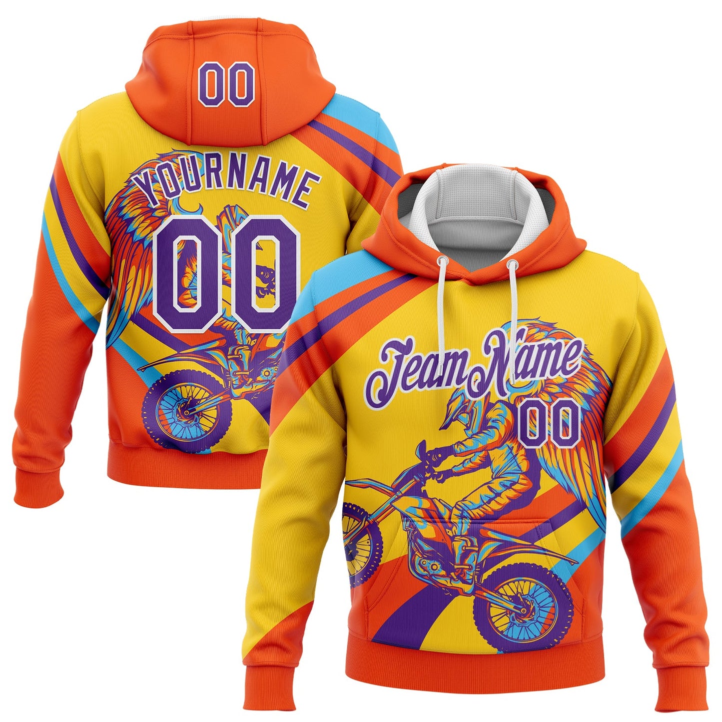 Custom Stitched Yellow Purple Orange-White 3D Pattern Design Motorcycle Motocross Racing Sports Pullover Sweatshirt Hoodie - Main View