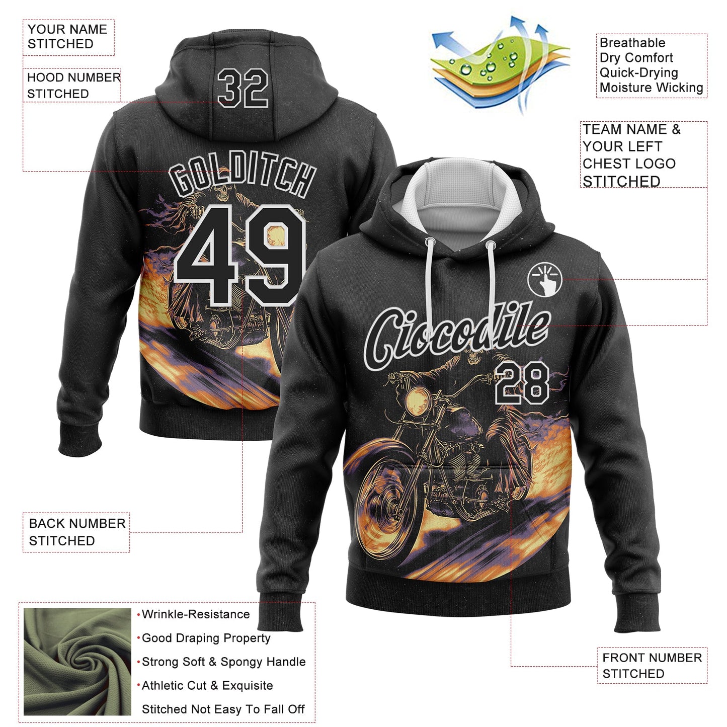 Custom Stitched Black White 3D Pattern Design Motorcycle Motocross Skull Racing Sports Pullover Sweatshirt Hoodie view 2